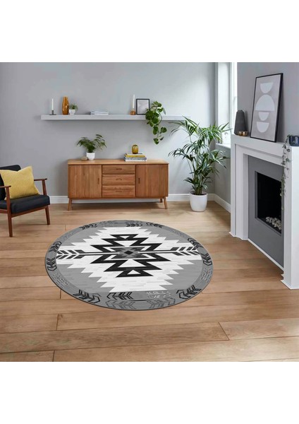 Dijital Kaymaz Taban Yıkanabilir Yuvarlak Etnik Desen Mutfak Salon Halısı, V-Y-Etnik-05-Gri,