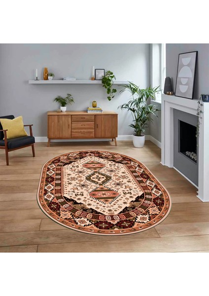 Dijital Baskılı Kaymaz Taban Yıkanabilir Oval Etnik Desen Yolluk Salon Halısı, V-O-Etnik-07-Bej,