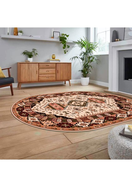 Dijital Baskılı Kaymaz Taban Yıkanabilir Oval Etnik Desen Yolluk Salon Halısı, V-O-Etnik-07-Bej, fiyatları