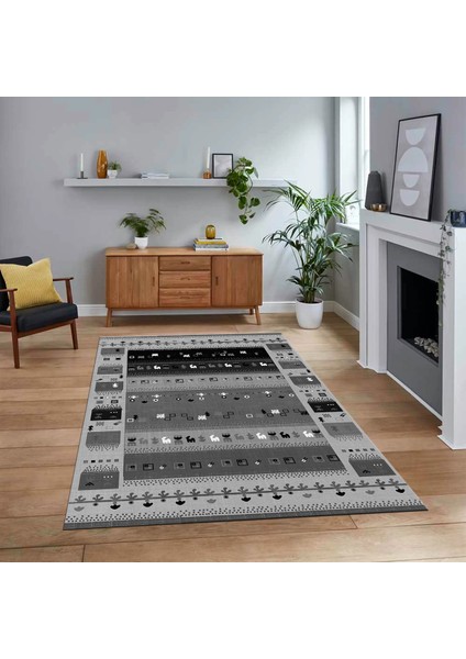 Dijital Baskılı Kaymaz Taban Yıkanabilir Etnik Desen Yolluk Salon Halısı, V-Etnik-15-Antrasit,