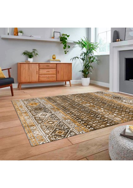 Dijital Baskılı Kaymaz Taban Yıkanabilir Etnik Desen Yolluk Salon Halısı, V-Etnik-17-Kahve,