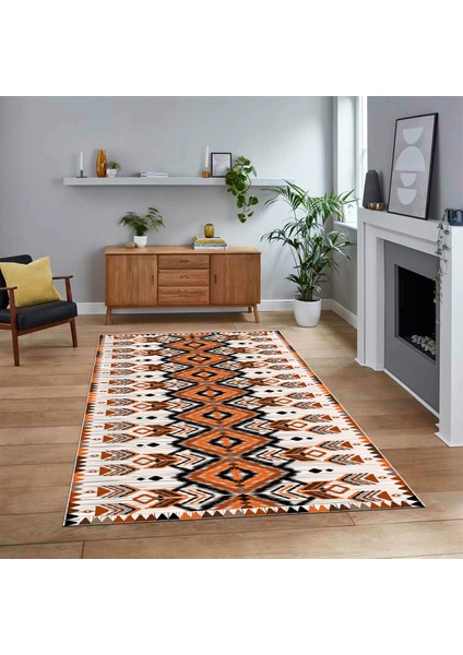 Dijital Baskılı Kaymaz Taban Yıkanabilir Etnik Desen Yolluk Salon Halısı, V-Etnik-06-Turuncu,