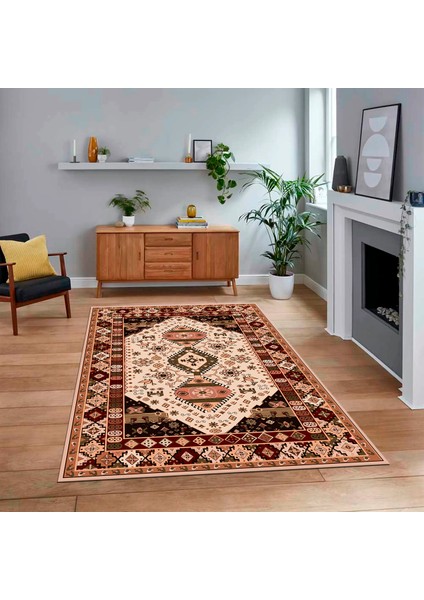 Dijital Baskılı Kaymaz Taban Yıkanabilir Etnik Desen Yolluk Salon Halısı, V-Etnik-07-Bej,