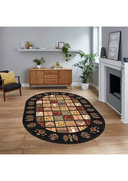 Dijital Baskılı Kaymaz Taban Yıkanabilir Oval Etnik Desen Yolluk Salon Halısı, V-O-Etnik-18-Antrast,