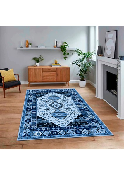 Dijital Baskılı Kaymaz Taban Yıkanabilir Etnik Desen Yolluk Salon Halısı, V-Etnik-07-Mavi,