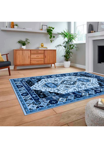 Dijital Baskılı Kaymaz Taban Yıkanabilir Etnik Desen Yolluk Salon Halısı, V-Etnik-07-Mavi,