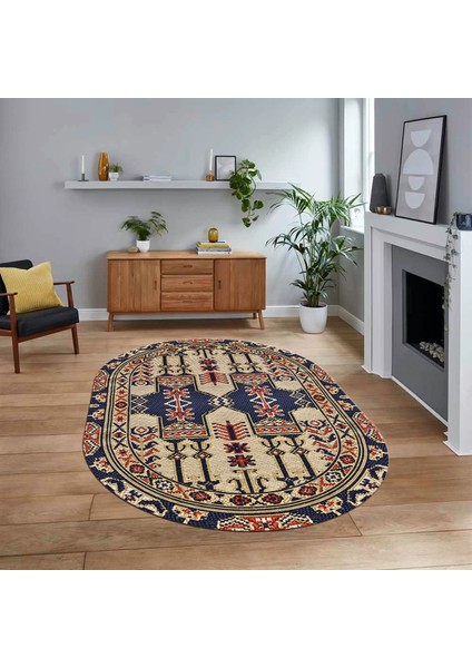 Dijital Baskılı Kaymaz Taban Yıkanabilir Oval Etnik Desen Yolluk Salon Halısı, V-O-Etnik-20-Lacivert,