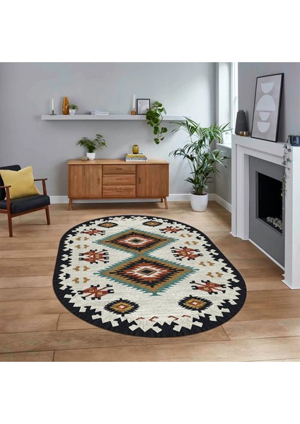 Dijital Baskılı Kaymaz Taban Yıkanabilir Oval Etnik Desen Yolluk Salon Halısı, V-O-Etnik-02-Renkli,