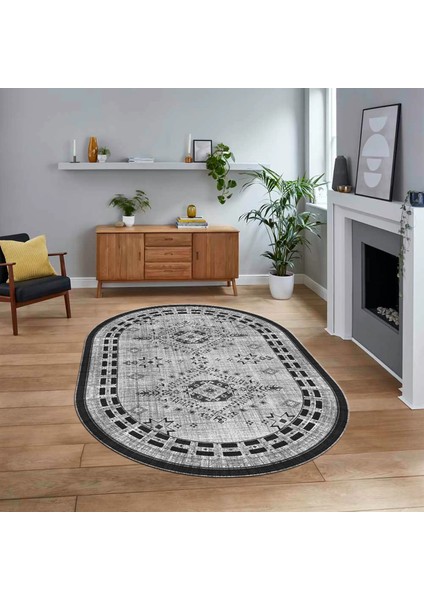 Dijital Baskılı Kaymaz Taban Yıkanabilir Oval Etnik Desen Yolluk Salon Halısı, V-O-Etnik-03-Gri,
