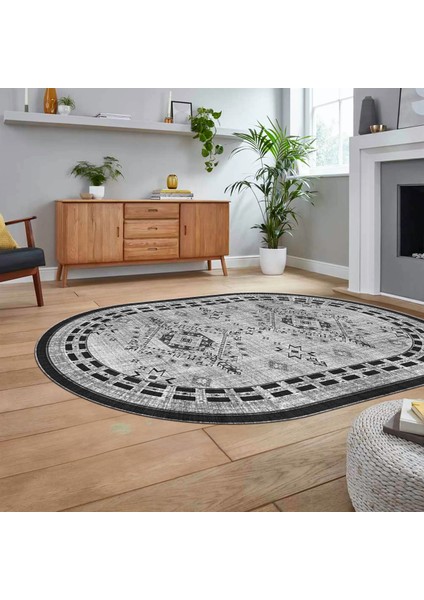 Dijital Baskılı Kaymaz Taban Yıkanabilir Oval Etnik Desen Yolluk Salon Halısı, V-O-Etnik-03-Gri, fiyatları