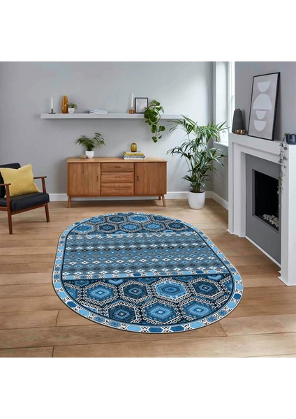 Dijital Baskılı Kaymaz Taban Yıkanabilir Oval Etnik Desen Yolluk Salon Halısı, V-O-Etnik-13-Mavi,