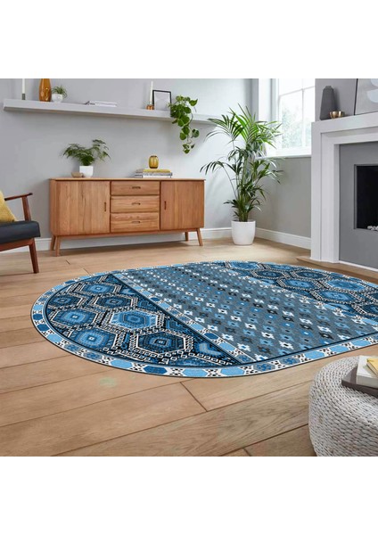 Dijital Baskılı Kaymaz Taban Yıkanabilir Oval Etnik Desen Yolluk Salon Halısı, V-O-Etnik-13-Mavi, fiyatları