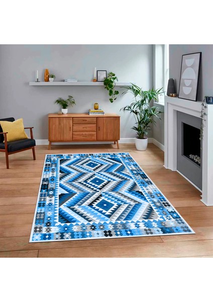 Dijital Baskılı Kaymaz Taban Yıkanabilir Etnik Desen Yolluk Salon Halısı, V-Etnik-09-Mavi,