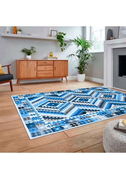 Dijital Baskılı Kaymaz Taban Yıkanabilir Etnik Desen Yolluk Salon Halısı, V-Etnik-09-Mavi,