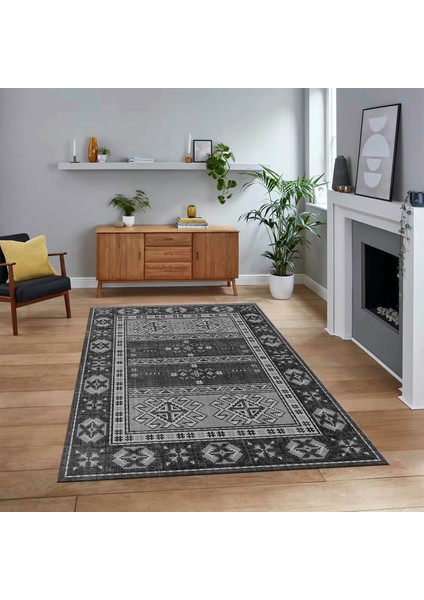 Dijital Baskılı Kaymaz Taban Yıkanabilir Etnik Desen Yolluk Salon Halısı, V-Etnik-11-Gri,