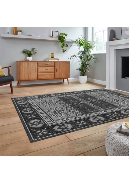 Dijital Baskılı Kaymaz Taban Yıkanabilir Etnik Desen Yolluk Salon Halısı, V-Etnik-11-Gri,