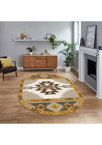 Dijital Baskılı Kaymaz Taban Yıkanabilir Oval Etnik Desen Yolluk Salon Halısı, V-O-Etnik-05-Kahve,