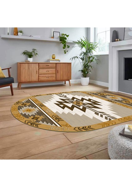 Dijital Baskılı Kaymaz Taban Yıkanabilir Oval Etnik Desen Yolluk Salon Halısı, V-O-Etnik-05-Kahve, fiyatları