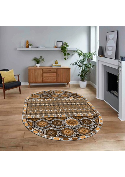 Dijital Baskılı Kaymaz Taban Yıkanabilir Oval Etnik Desen Yolluk Salon Halısı, V-O-Etnik-13-Kahve,