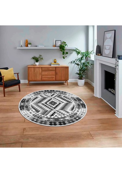 Dijital Kaymaz Taban Yıkanabilir Yuvarlak Etnik Desen Mutfak Salon Halısı, V-Y-Etnik-09-Gri,