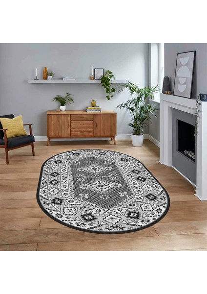 Dijital Baskılı Kaymaz Taban Yıkanabilir Oval Etnik Desen Yolluk Salon Halısı, V-O-Etnik-08-Gri,