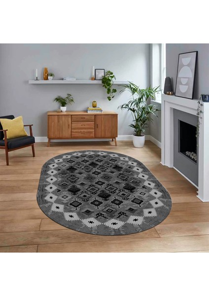 Dijital Baskılı Kaymaz Taban Yıkanabilir Oval Etnik Desen Yolluk Salon Halısı, V-O-Etnik-19-Gri,