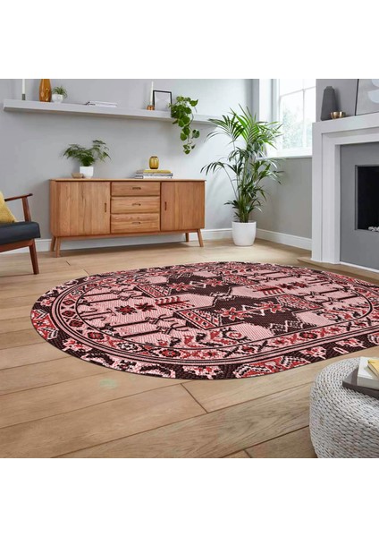 Dijital Baskılı Kaymaz Taban Yıkanabilir Oval Etnik Desen Yolluk Salon Halısı, V-O-Etnik-20-Pembe,