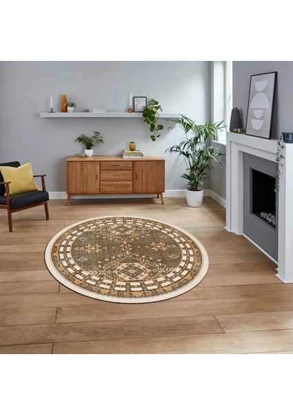 Dijital Kaymaz Taban Yıkanabilir Yuvarlak Etnik Desen Mutfak Salon Halısı, V-Y-Etnik-03-Kahve,