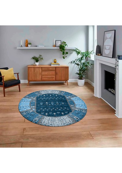 Dijital Kaymaz Taban Yıkanabilir Yuvarlak Etnik Desen Mutfak Salon Halısı, V-Y-Etnik-16-Mavi,
