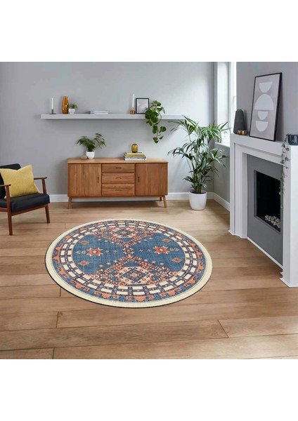 Dijital Kaymaz Taban Yıkanabilir Yuvarlak Etnik Desen Mutfak Salon Halısı, V-Y-Etnik-03-Mavi,