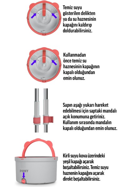 Gri Temiz & Kirli Suyu Ayırma Özelliği Otomatik Temizlik Seti Mop Paspas