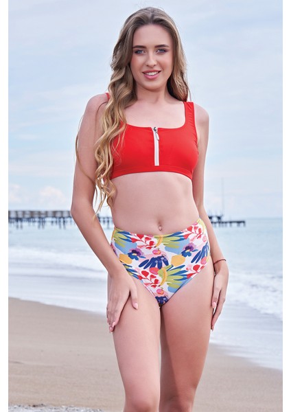 Rukomayo Kırmızı Desenli Mix Mach Fermuarlı Yüksek Bel Freeset Bikini
