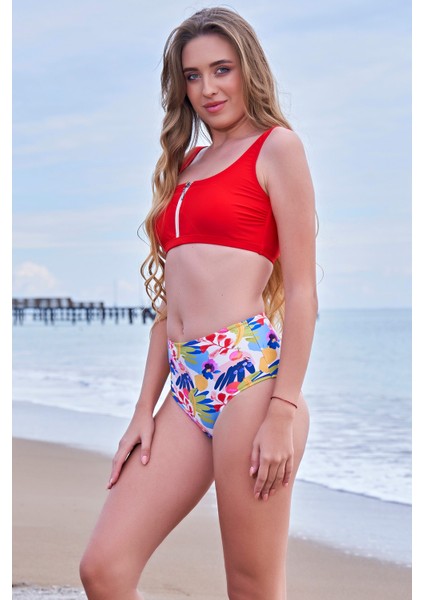 Rukomayo Kırmızı Desenli Mix Mach Fermuarlı Yüksek Bel Freeset Bikini
