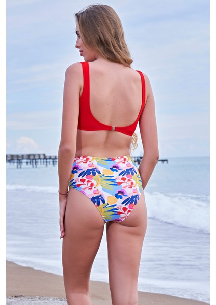 Rukomayo Kırmızı Desenli Mix Mach Fermuarlı Yüksek Bel Freeset Bikini