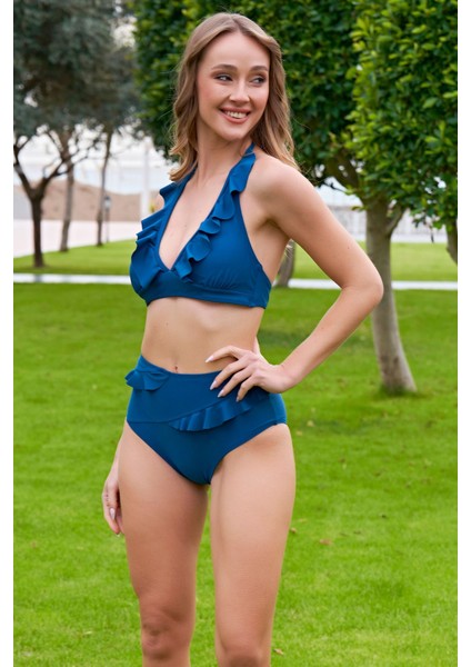 Rukomayo Petrol Rengi Fırfırlı V Yaka Yüksek Bel Bikini
