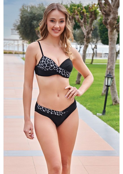 Rukomayo Siyah Beyaz Desenli Boş Kaplı Omuzdan Ayarlanabilir Askılı Bikini