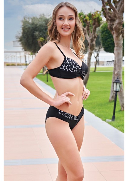 Rukomayo Siyah Beyaz Desenli Boş Kaplı Omuzdan Ayarlanabilir Askılı Bikini