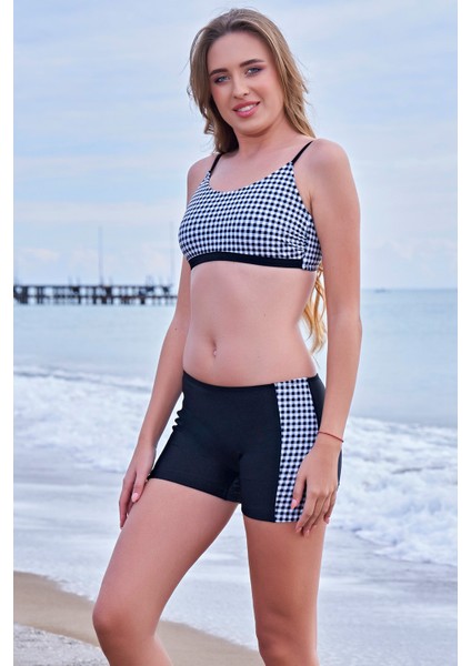 Rukomayo Siyah Beyaz Kare Desenli Freseet Şortlu Yüzücü Bikini