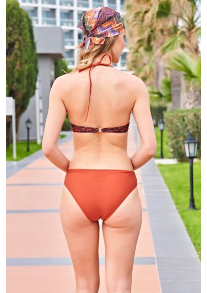 Rukomayo Taba Rengi Desenli Dönmeli Straplez Ince Askılı Bikini