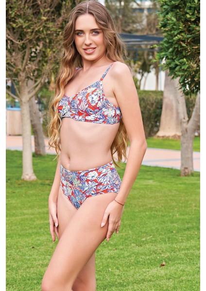 Rukomayo Çiçek Desenli Yüksek Bel Balenli Bikini