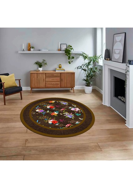 Dijital Kaymaz Taban Yıkanabilir Yuvarlak Çerçeveli Mutfak Salon Halısı, V-Y-Çerçeveli-27-Kahve,