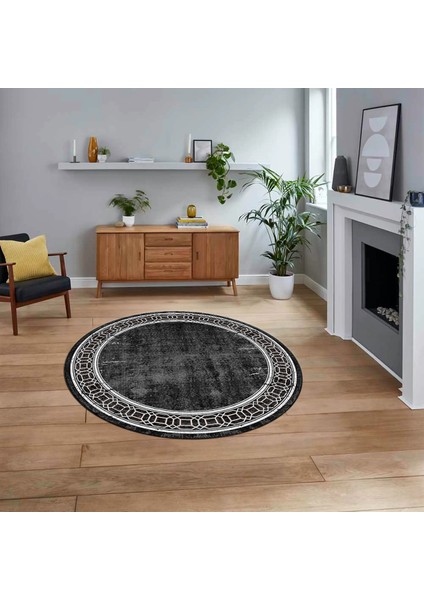 Dijital Kaymaz Taban Yıkanabilir Yuvarlak Çerçeveli Mutfak Salon Halısı, V-Y-Çerçeveli-31-Antrasit,