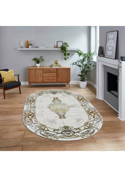 Dijital Kaymaz Taban Yıkanabilir Oval Çerçeveli Mutfak Salon Halısı, V-O-Çerçeveli-19-Gold,
