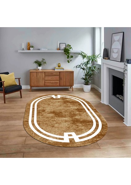 Dijital Kaymaz Taban Yıkanabilir Oval Çerçeveli Mutfak Salon Halısı, V-O-Çerçeveli-33-Kahve,