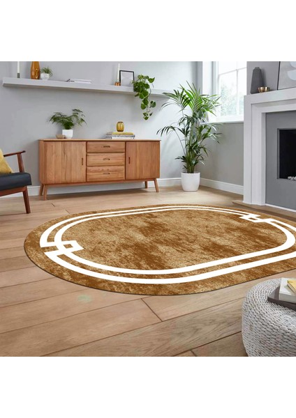Dijital Kaymaz Taban Yıkanabilir Oval Çerçeveli Mutfak Salon Halısı, V-O-Çerçeveli-33-Kahve,