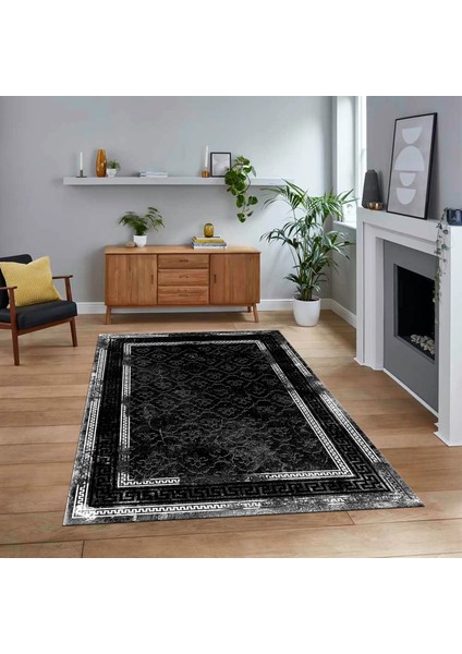 Dijital Baskılı Kaymaz Taban Yıkanabilir Çerçeveli Mutfak Salon Halısı, V-Çerçeveli-10-Siyah,