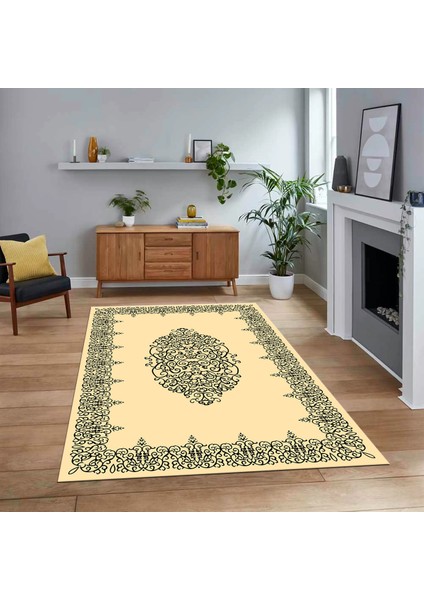 Dijital Baskılı Kaymaz Taban Yıkanabilir Çerçeveli Mutfak Salon Halısı, V-Çerçeveli-22-Krem,