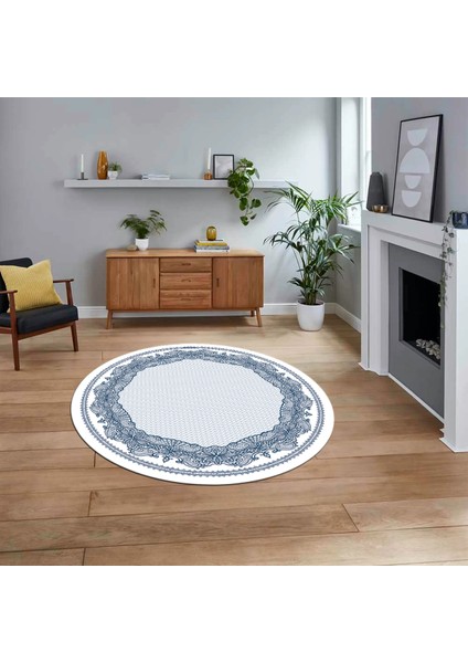 Dijital Kaymaz Taban Yıkanabilir Yuvarlak Çerçeveli Mutfak Salon Halısı, V-Y-Çerçeveli-34-Mavi,