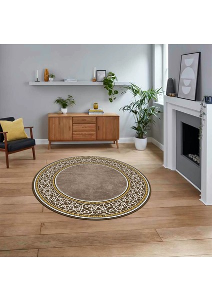 Dijital Kaymaz Taban Yıkanabilir Yuvarlak Çerçeveli Mutfak Salon Halısı, V-Y-Çerçeveli-35-Kahve,