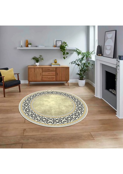 Dijital Kaymaz Taban Yıkanabilir Yuvarlak Çerçeveli Mutfak Salon Halısı, V-Y-Çerçeveli-35-Krem,